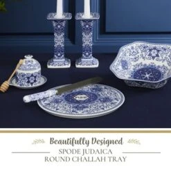 Spode Judaica Round Challah Tray, Traditional Blue & White Floral Star Of David Design - 11.5-Inch Fine Porcelain, Dishwasher Safe