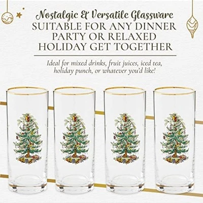Spode Christmas Tree 15oz Highball Glasses, Set Of 4 - Gold-Rimmed Elegant Holiday-Themed Glassware, Festive Holiday Drinkware For Christmas Parties 5 Spode Christmas Tree 15oz Highball Glasses, Set Of 4 - Gold-Rimmed Elegant Holiday-Themed Glassware, Festive Holiday Drinkware For Christmas Parties - Image 3