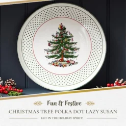 Spode Christmas Tree Lazy Susan - Polka Dot, Non Skid 360 Degree Rotation, Holiday Space Saver For Kitchen, Cabinet, Pantry