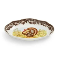 Spode Woodland Turkey Pickle Dish ā 8.5 Inch Porcelain Serving Dish ā Microwave, Oven, Freezer & Dishwasher Safe, Rustic Thanksgiving Serveware