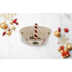 Spode Christmas Tree Candy Basket, 6.5-Inch Candy Bowl With Peppermint Handle, Earthenware Christmas Gift, Festive Holiday Serveware