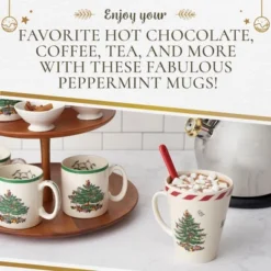 Spode Christmas Tree Peppermint 14oz Mug & Spoon Set (4-Piece) - Festive Earthenware With Candy Cane Motif, Ceramic Mug - Christmas Drinkware -Spode GUEST 1762cbaf b3e5 47da 8414 3e6ee9ed7111