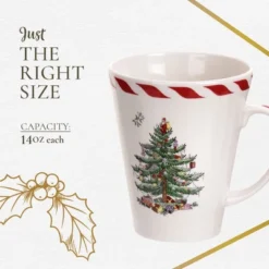 Spode Christmas Tree Peppermint 14oz Mug & Spoon Set (4-Piece) - Festive Earthenware With Candy Cane Motif, Ceramic Mug - Christmas Drinkware -Spode GUEST 1ccf61f0 56a6 475c a76c f4ce97f808eb