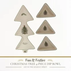 Spode Christmas Tree 4-Piece Serving Set - 12-Inch Tree Shaped Stoneware Platter With 3 Dip Bowls - Dishwasher Safe Festive Christmas Tableware