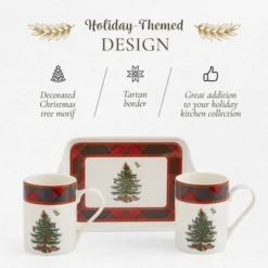 Spode Christmas Tree Tartan 10oz Mug & 8" Tray Set (3-Piece Set) - Festive Porcelain Mugs With Melamine Tray, Dishwasher & Microwave Safe -Spode GUEST 25e67794 d390 4f2d bef7 caf94fd42ca4