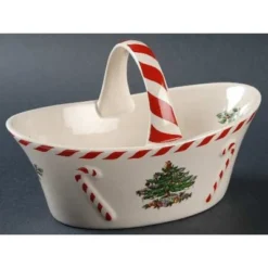 Spode Christmas Tree Candy Basket, 6.5-Inch Candy Bowl With Peppermint Handle, Earthenware Christmas Gift, Festive Holiday Serveware -Spode GUEST 348c58b6 d74d 4358 8dbe 2a46ca922c9a