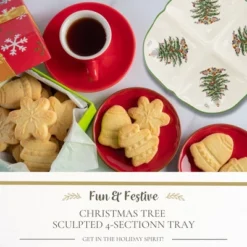 Spode Christmas Tree Sculpted 4-Section Tray - 1-Inch Divided Holiday Serveware In Fine Porcelain - Dishwasher, Microwave, Oven Safe