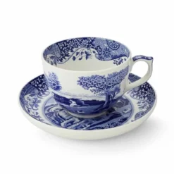 Spode Blue Italian 20oz Jumbo Cup & Saucer Set - Scenic Motif & Decorative Border - Elegant Hot Beverage Mug For Tea, Coffee