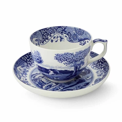 Spode Blue Italian 20oz Jumbo Cup & Saucer Set - Scenic Motif & Decorative Border - Elegant Hot Beverage Mug For Tea, Coffee 2 Spode Blue Italian 20oz Jumbo Cup & Saucer Set - Scenic Motif & Decorative Border - Elegant Hot Beverage Mug For Tea, Coffee