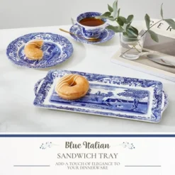 Spode Blue Italian 13 Inch Rectangular Tray With Handles - Elegant Decorative Serving Dish - Porcelain