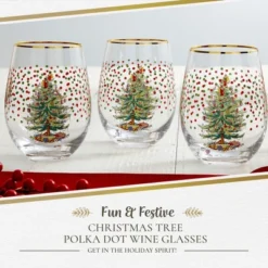 Spode Christmas Tree 19 Fl. Oz. Stemless Wineglass (Set Of 4), Polka Dot - Elegant Tumblers & Decorative Wine Glasses For Holiday Entertaining