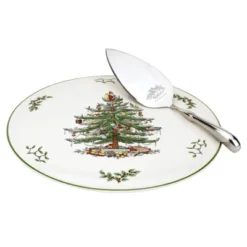 Portmeirion Spode Christmas Tree Cake Plate & Server Set - 11.5 Inch Fine Porcelain Cake Plate With Stainless Steel Server For Holiday Parties -Spode GUEST 40f98aae 4ab5 430b 8404 da8f926c4171