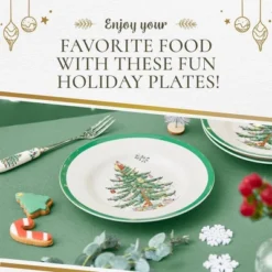 Spode Christmas Tree 8" Salad Plate Set Of 4- Stoneware Plate With Christmas Tree Design, Green Bordered Edges, Microwave, Dishwasher & Oven Safe -Spode GUEST 41fd1722 4f79 40c1 8d65 7f5f061b8a90