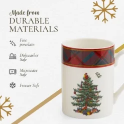 Spode Christmas Tree Tartan 10oz Mug & 8" Tray Set (3-Piece Set) - Festive Porcelain Mugs With Melamine Tray, Dishwasher & Microwave Safe -Spode GUEST 437fdf60 072b 4547 8396 f1f1e47fd8a8