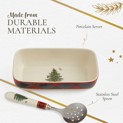 Spode Christmas Tree Tartan Cranberry Sauce Serving Dish With Slotted Spoon (8"x 4.25") - Server With Plaid Border - Dishwasher, Microwave Safe 5 Spode Christmas Tree Tartan Cranberry Sauce Serving Dish With Slotted Spoon (8"x 4.25") - Server With Plaid Border - Dishwasher, Microwave Safe - Image 3