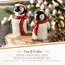 Spode Christmas Tree Salt & Pepper Set, Mr & Mrs Penguin Winter Themed Shakers, Holiday Table Décor, Festive Home Accents, Stocking Stuffer Gifts