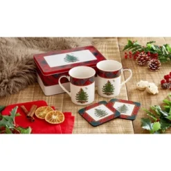 Spode Christmas Tree Tartan Mug & Coaster Set With Tin Box (5-Piece Set), Elegant Porcelain Mugs And Cork-Backed Coasters, Dishwasher & Microwave Safe