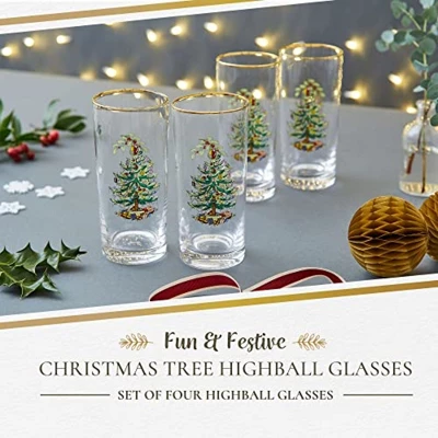 Spode Christmas Tree 15oz Highball Glasses, Set Of 4 - Gold-Rimmed Elegant Holiday-Themed Glassware, Festive Holiday Drinkware For Christmas Parties 3 Spode Christmas Tree 15oz Highball Glasses, Set Of 4 - Gold-Rimmed Elegant Holiday-Themed Glassware, Festive Holiday Drinkware For Christmas Parties