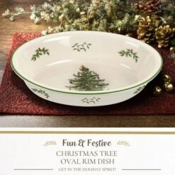 Spode Christmas Tree Oval Rim Dish (12.5" X 8.75") Festive Deep Baking Pan - Fine Porcelain, Microwave, Freezer, Dishwasher Safe