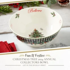 Spode Christmas Tree Revere Bowl - Checkered Exterior & Holly Accents, Festive Candy Dish Or Snack Bowl With Sentiments Inside, 6" Porcelain