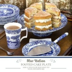 Spode Blue Italian Footed Cake Plate - 10.5" Porcelain Dessert Display Stand With Italian Countryside Design