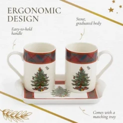 Spode Christmas Tree Tartan 10oz Mug & 8" Tray Set (3-Piece Set) - Festive Porcelain Mugs With Melamine Tray, Dishwasher & Microwave Safe -Spode GUEST 598889a3 c319 4fd9 918f af98c6e3628a