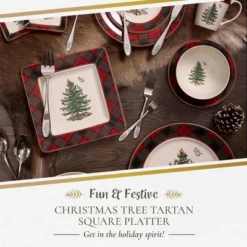 Spode Christmas Tree Tartan Square Platter - 10" - Traditional Tartan Plaid Design With Iconic Tree Motif - Microwave And Dishwasher Safe