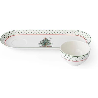 Spode Christmas Tree 2-Piece Polka Dot Chip And Dip Serving Set - 13-Inch Oval Plate With Dip Bowl - Porcelain, Dishwasher, Microwave, Freezer Safe 4 Spode Christmas Tree 2-Piece Polka Dot Chip And Dip Serving Set - 13-Inch Oval Plate With Dip Bowl - Porcelain, Dishwasher, Microwave, Freezer Safe - Image 2