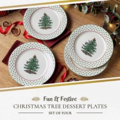 Spode Portmeirion Christmas Tree Polka Dot Dessert Plate (Set Of 4) - Festive 8" Stoneware Plates - Microwave, Dishwasher, Freezer Safe Party Dishes
