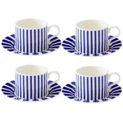 Spode Steccato 9oz Earthenware Teacup & Saucer, Set Of 4 - Ornamental Glazed Drinkware With Cobalt Blue Bands & Decorative Design -Spode GUEST 620c638a 946d 4055 a14c bcc53030a0b1