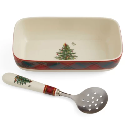 Spode Christmas Tree Tartan Cranberry Sauce Serving Dish With Slotted Spoon (8"x 4.25") - Server With Plaid Border - Dishwasher, Microwave Safe 9 Spode Christmas Tree Tartan Cranberry Sauce Serving Dish With Slotted Spoon (8"x 4.25") - Server With Plaid Border - Dishwasher, Microwave Safe - Image 7