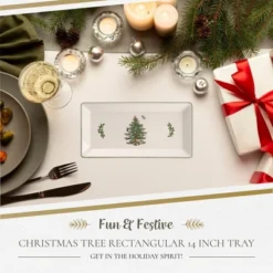 Spode Christmas Tree 14-Inch Rectangular Sandwich Tray, Porcelain Serving Platter - Tableware With Festive Charm, Dishwasher, Microwave, Freezer Safe