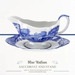 Spode Blue Italian 9 Oz Gravy Boat And Saucer, Earthenware Sauce Boat With Large Handle, Classic Countryside Design, Dishwasher & Microwave Safe