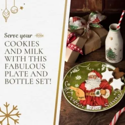 Spode Christmas Tree Plate And Bottle Set (2-Piece) - 8.5" Porcelain "Cookies For Santa" Plate & 10 Oz, Dishwasher Safe Festive Seasonal Gift Set -Spode GUEST 753b8247 e0e4 4c71 b95c 36acf169c05e