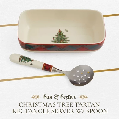 Spode Christmas Tree Tartan Cranberry Sauce Serving Dish With Slotted Spoon (8"x 4.25") - Server With Plaid Border - Dishwasher, Microwave Safe 3 Spode Christmas Tree Tartan Cranberry Sauce Serving Dish With Slotted Spoon (8"x 4.25") - Server With Plaid Border - Dishwasher, Microwave Safe