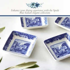 Spode Blue Italian Square Sauce Dishes - Set Of 4, 3-Inch Porcelain Mini Serving Bowls With Intricate Scroll Border & Scenic Motif -Spode GUEST 7d8b0290 c031 426a 998c 152d72e223d3