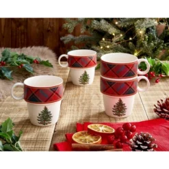 Spode Christmas Tree Tartan Stacking Mugs, Set Of 4 - Festive Tartan Design Coffee Cups, 10oz Earthenware Mugs, Colorful And Fun Stackable Mugs
