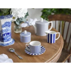 Spode Steccato 9oz Earthenware Teacup & Saucer, Set Of 4 - Ornamental Glazed Drinkware With Cobalt Blue Bands & Decorative Design -Spode GUEST 86d93774 1bc9 4635 a9ac dc0ddad068a7
