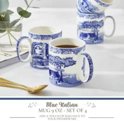 Spode Blue Italian 9oz Porcelain Mug, Set Of 4 - Compact Hot Beverage Cups With Ornamental Scenic Pattern - Elegant Ceramic Drinkware