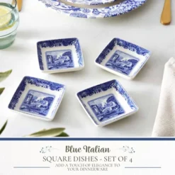 Spode Blue Italian Square Sauce Dishes - Set Of 4, 3-Inch Porcelain Mini Serving Bowls With Intricate Scroll Border & Scenic Motif