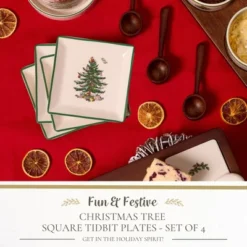Spode Portmeirion Christmas Tree Tidbit Square Plates (Set Of 4) - 5" Ceramic Plates For Canapés, Sweets, And Desserts - Dishwasher, Microwave, Freezer Safe