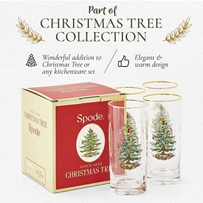 Spode Christmas Tree 15oz Highball Glasses, Set Of 4 - Gold-Rimmed Elegant Holiday-Themed Glassware, Festive Holiday Drinkware For Christmas Parties 4 Spode Christmas Tree 15oz Highball Glasses, Set Of 4 - Gold-Rimmed Elegant Holiday-Themed Glassware, Festive Holiday Drinkware For Christmas Parties - Image 2