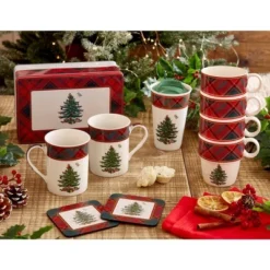 Spode Christmas Tree Tartan Mug & Coaster Set With Tin Box (5-Piece Set), Elegant Porcelain Mugs And Cork-Backed Coasters, Dishwasher & Microwave Safe -Spode GUEST 925f5775 8776 46f0 bbde cc0dfc0d1e6c 1