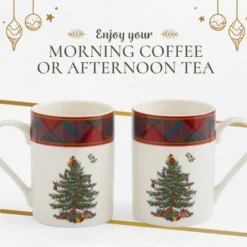Spode Christmas Tree Tartan 10oz Mug & 8" Tray Set (3-Piece Set) - Festive Porcelain Mugs With Melamine Tray, Dishwasher & Microwave Safe -Spode GUEST 92ad33bb 8808 412e aa84 f4a3f32dfacd