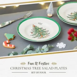 Spode Christmas Tree 8" Salad Plate Set Of 4- Stoneware Plate With Christmas Tree Design, Green Bordered Edges, Microwave, Dishwasher & Oven Safe