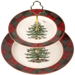 Spode Christmas Tree Tartan 2-Tiered Server, Holiday Cupcake Stand, Dessert Display Set, Earthenware Serving Platter, 10" & 8" Plates, Dishwasher Safe -Spode GUEST a0c6b757 84c9 4d82 802c 164b11c25cb4