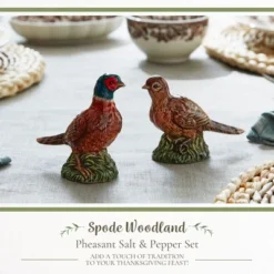 Spode Woodland Festive Woodland Pheasant Salt & Pepper Shakers - Rustic Bird Table Accents, Fall Dining Décor, Male And Female Dolomite Pheasants