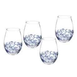 Spode Blue Italian Stemless Wineglasses, Set Of 4 - 19oz Artistic Tumbler-Style Goblets With Scenic Border & Scroll Accent -Spode GUEST aa57cbcf 73d3 43da bd39 ae4b22cc9534