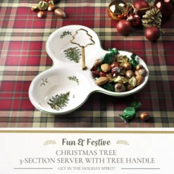 Spode Christmas Tree 3 Section Server With Tree Handle - Divided Serving Tray - Festive Earthenware Tableware For Seasonal Entertaining And Hosting