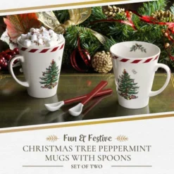 Spode Christmas Tree Peppermint 14oz Mug & Spoon Set (4-Piece) - Festive Earthenware With Candy Cane Motif, Ceramic Mug - Christmas Drinkware